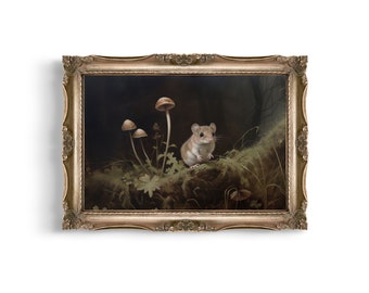 Mouse & Mushrooms | Cottagecore Wall Art, Forest Decor, Moody Wall Art, Oil Painting Print, Nature Aesthetic, Dark Cottage Core Art