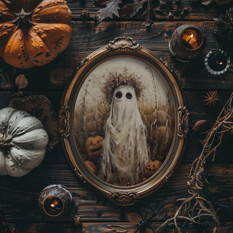 Spooky print with a ghost and pumpkins, bringing a charming, eerie atmosphere to your home decor.