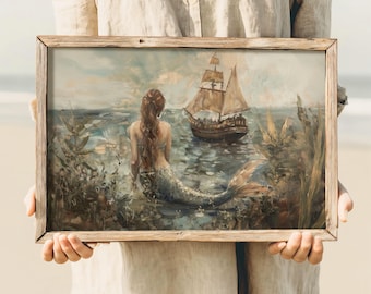 Siren | Dark Academia Print, Mermaid Wall Art, Antique Painting Aesthetic, Coastal Art, Moody Nautical Wall Decor, Fantasy DND Decor
