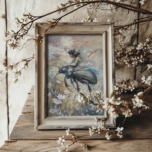 Käferfee | Cottagecore Drucke, Botanische Ästhetik, Kuriositäten & Seltsamkeiten Dekor, stimmungsvolle Malerei, wunderliche Fantasy Wandkunst, Waldkunst