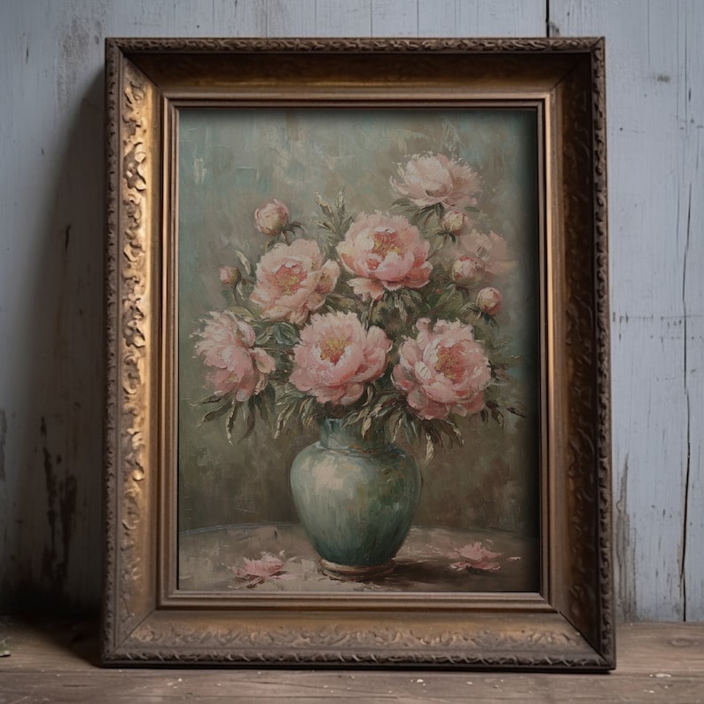 Digital print of Victorian-style oil painting with soft pink roses in a vintage vase, perfect for light academia decor.