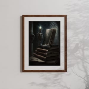 May include: A framed print of a still life featuring a stack of old books, a lit candle in a metal holder, and a dark, shadowy background.