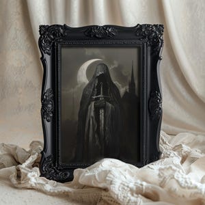 Haunting oil painting of a shrouded figure with a sword, ideal for spooky decor and macabre decor themes.