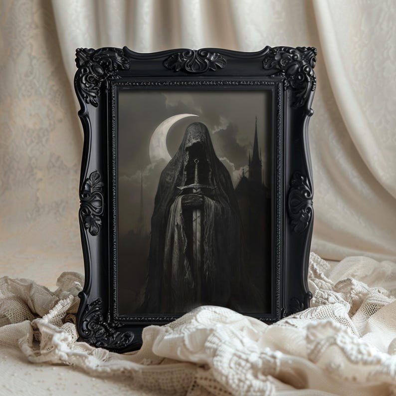 Haunting oil painting of a shrouded figure with a sword, ideal for spooky decor and macabre decor themes.
