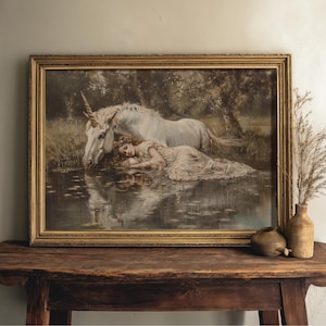 Fantasy art print in a vintage style, showcasing a unicorn and maiden in a magical woodland setting.