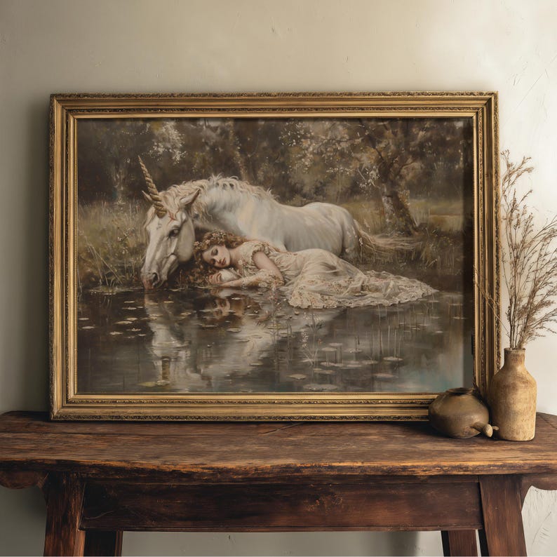 Fantasy art print in a vintage style, showcasing a unicorn and maiden in a magical woodland setting.