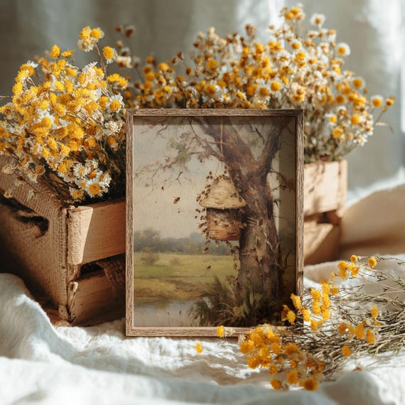 Old Beehive | Cottagecore Prints, Farmhouse Decor, Honey Bee Wall Art, Rustic Home Decor, Spring Art Print, Vintage Oil Painting Aesthetic