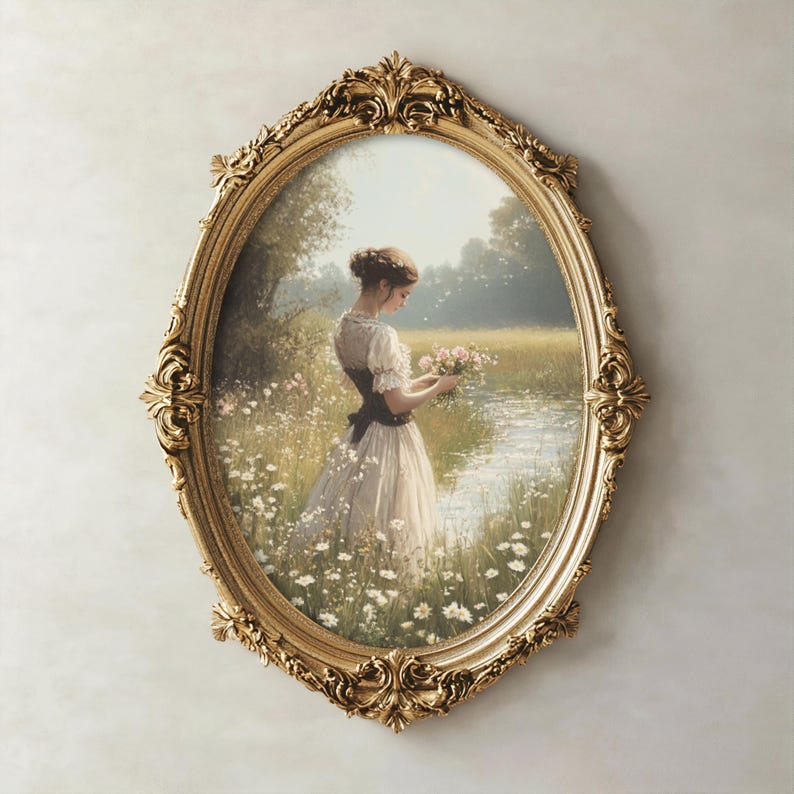 Victorian printable wall art with wildflower details and soft spring tones, ideal for cottagecore, Easter, and French cottage decor styles.