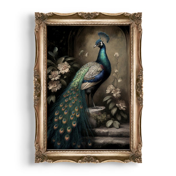 Victorian Peacock | Antique Oil Painting Printable, French Country Wall Decor, Dark Academia Room Decor, Vintage Animal Printable