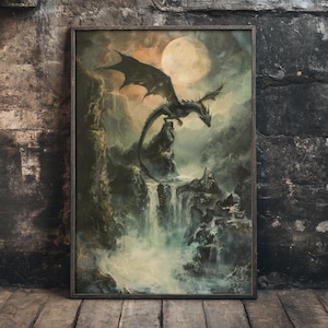 Arte murale drago/DND, pittura a olio fantasy, stampabile dark moody, arredamento sala giochi, estetica della pittura antica, stampa artistica concettuale gotica