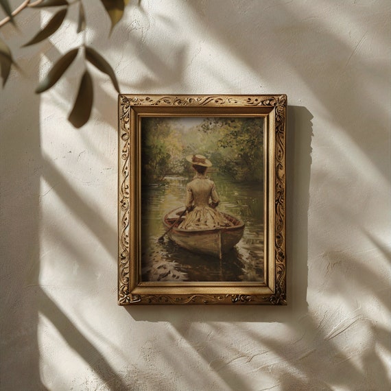 Lady in the Boat | Victorian Wall Art, Antique Oil Painting Aesthetic, Dark Academia Print, Cottagecore Decor, Vintage Gallery Wall Print