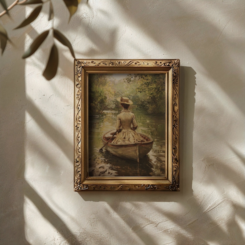 A dark academia-themed print showcasing a lady in a boat, ideal for cottagecore and Victorian wall art decor.
