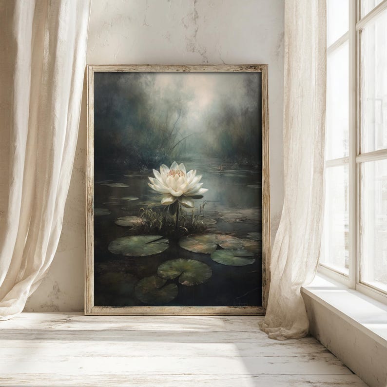 Cottagecore wall art capturing a water lily's subtle glow amidst the dark, evocative waters of a moody lake scene.