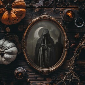 Creepy aesthetic oil painting, showcasing a cloaked warrior in a gothic setting, perfect for macabre decor.