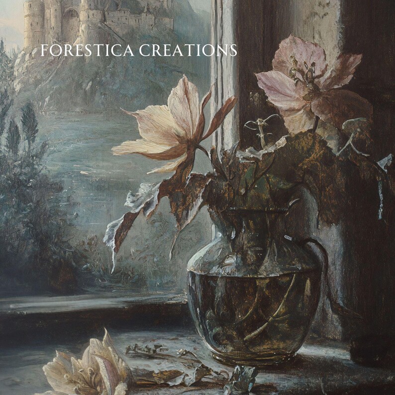 May include: A painting of a still life featuring a glass vase filled with pale pink flowers. The vase is sitting on a windowsill with a view of a castle in the distance. The text "FORESTICA CREATIONS" is visible in the top left corner of the painting.