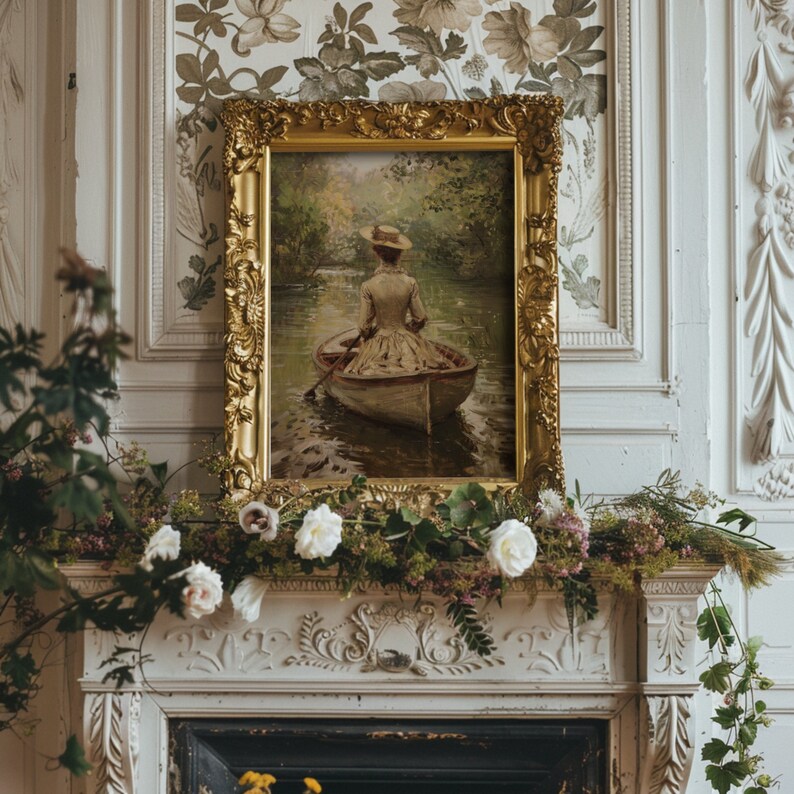 Antique oil painting of a lady in a boat, enhancing farmhouse wall decor with a moody Victorian charm.
