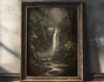Forest Waterfall | Dark Academia Prints, Victorian Goth Art, Tropical Jungle Aesthetic, Dark Green Botanical Art, Moody Landscape Wall Decor