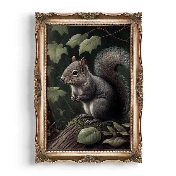Squirrel | Cottagecore Oil Painting Download, Fairycore Print, Wild Life Wall Art, Nature Room Decor, Animal Printable, Farmhouse Room Art