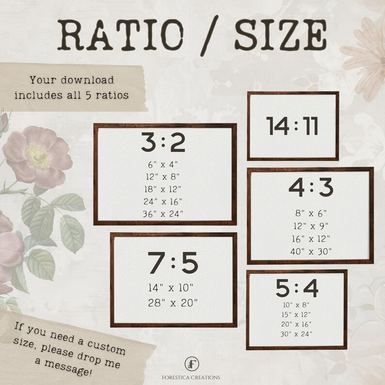Puede incluir: Un gr&aacute;fico que muestra cinco relaciones de aspecto diferentes para descargas digitales, con el texto "RATIO / SIZE" en la parte superior. Las relaciones son 3:2, 7:5, 4:3, 5:4 y 14:11. Cada relaci&oacute;n se muestra con una lista de tama&ntilde;os de impresi&oacute;n comunes en pulgadas.