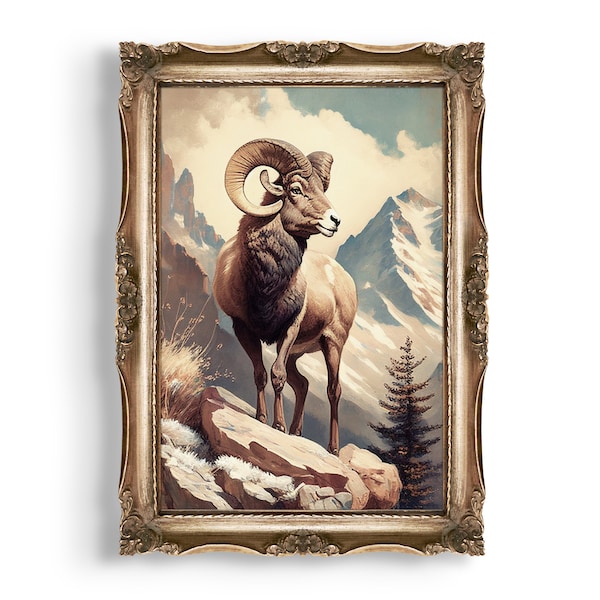 Bighorn Sheep | Farmhouse Wall Decor, Vintage Mountains Aesthetic, Antique Oil Painting Printable, Sheep Wall Art, Cottagecore Wall Print