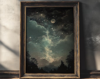 Night in the Woods Celestial Print: Moody Moon & Stars Wall Art (Digital Download)