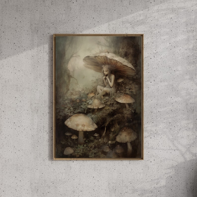May include: A painting of a fairy sitting under a large mushroom in a forest setting. The fairy is wearing a white dress and has long blonde hair. The mushroom is brown and has white spots. There are other mushrooms in the background.