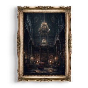 May include: A framed print of a dark, gothic library interior with a large chandelier hanging from the ceiling. The library is filled with bookshelves and a single armchair sits in the center of the room.
