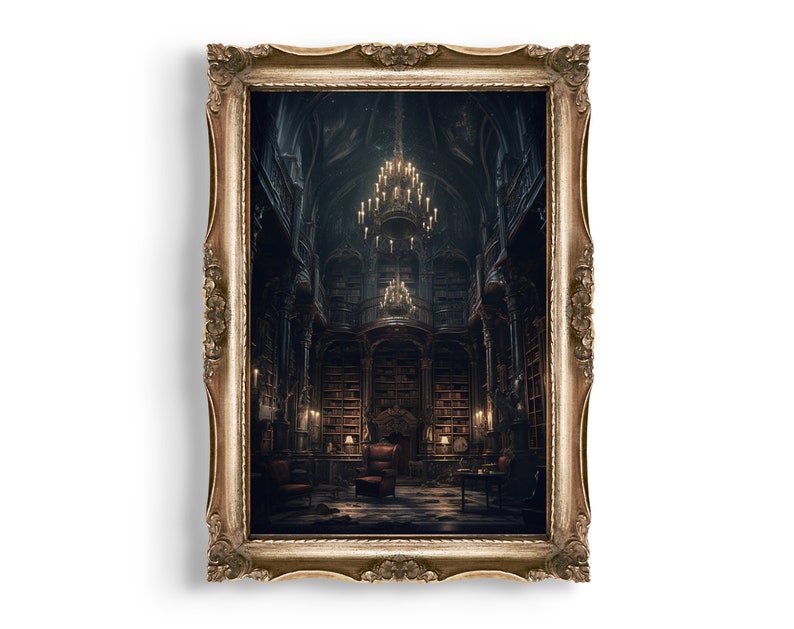 May include: A framed print of a dark, gothic library interior with a large chandelier hanging from the ceiling. The library is filled with bookshelves and a single armchair sits in the center of the room.