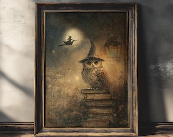 May include: Framed artwork featuring a whimsical owl wearing a witch's hat, perched atop a stack of books. A witch on a broom flies past a full moon. The artwork has a vintage, antique aesthetic with a dark, moody color palette.