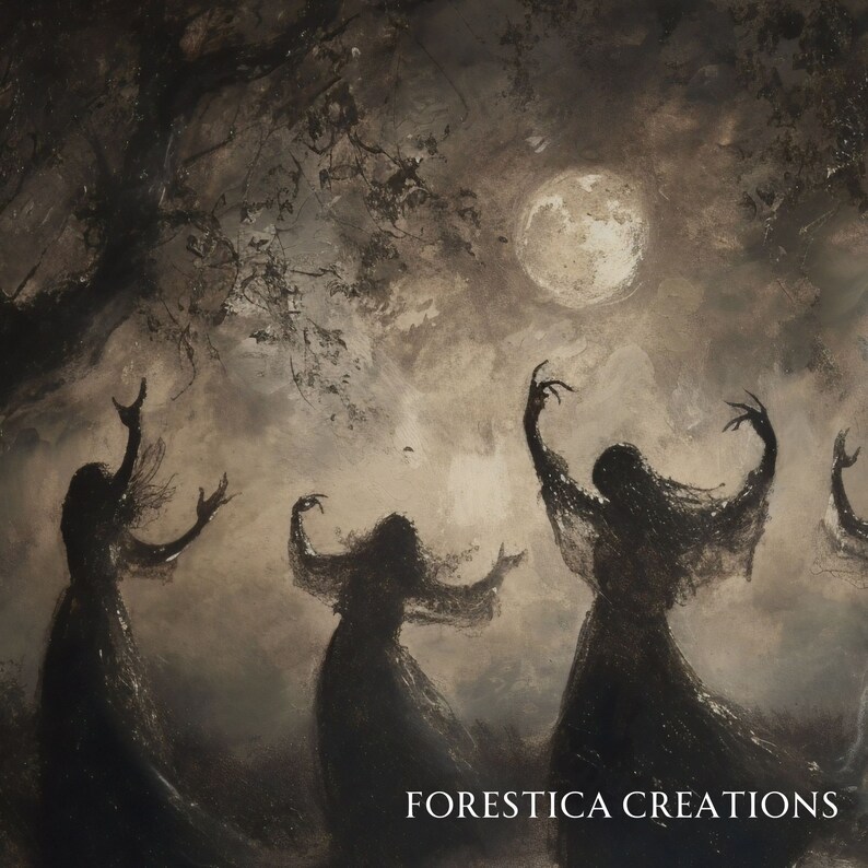 Pu&ograve; includere: Tre figure ombrose danzano sotto una luna piena in una foresta oscura. Le figure sono in silhouette contro un cielo nuvoloso, e la luna &egrave; luminosa e piena. L'immagine &egrave; dipinta in uno stile scuro e misterioso, con un senso di mistero e intrigo.