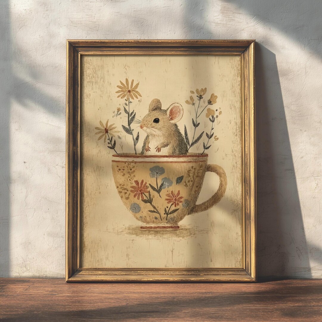 Mouse In Teacup Mouse in Teacup Print | Whimsical Floral Illustration (digital Download ...