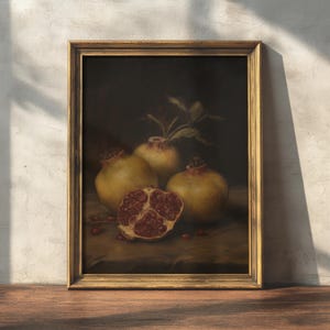 Pomegranates | Dark Moody Still Life, Antique Kitchen Decor, Dark Victorian Print, Vintage Painting Aesthetic, Rustic Farmhouse Wall Art