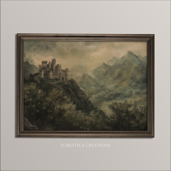 Castle on the Green Hills | Antique Painting Aesthetic, Dark Academia Print, Vintage Landscape, Fantasy DND Room Decor, Dark Green Decor