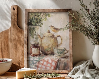 Vintage Teapot Painting | Rustic Cottage Kitchen Art (Digital Download)