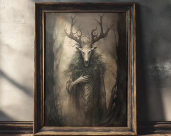 Guardian of Forest | Dark Cottagecore Decor, Gothic Wall Art, Woodland Goth Decor, Vintage Dark Oil Painting, Cottagecore Halloween