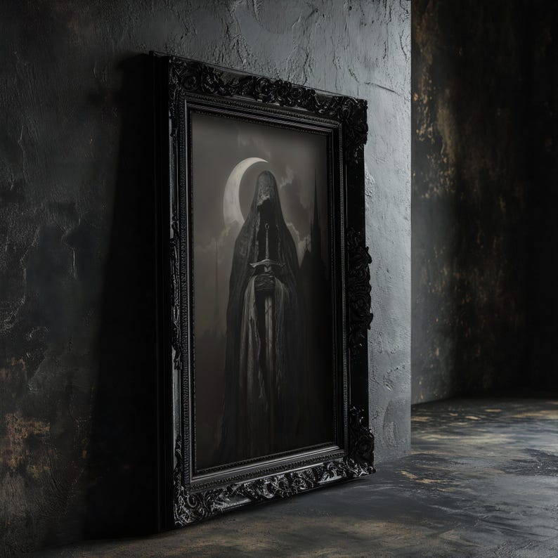 Horror art print featuring a cloaked figure with a sword, adding a dark moody art touch to any gothic home decor.