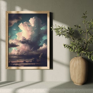 May include: A framed print of a landscape painting with a large, fluffy, pink and white cloud in a blue sky. The sky is dark blue in the background and the clouds are lighter in the foreground. The landscape is a field of green grass with trees in the distance.