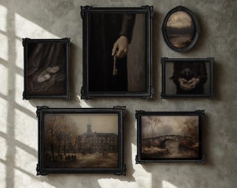Juego de 6 láminas Nocturnas / Decoración Dark Academia, Conjunto para pared de galería, Estética vintage, Láminas de arte con ambiente melancólico, Arte rústico para pared, Arte oscuro de granja