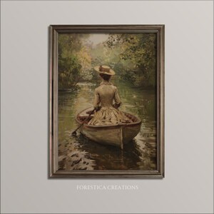 Vintage wall decor with a lady in a boat, featuring sage green tones, perfect for a romantic home decor aesthetic.
