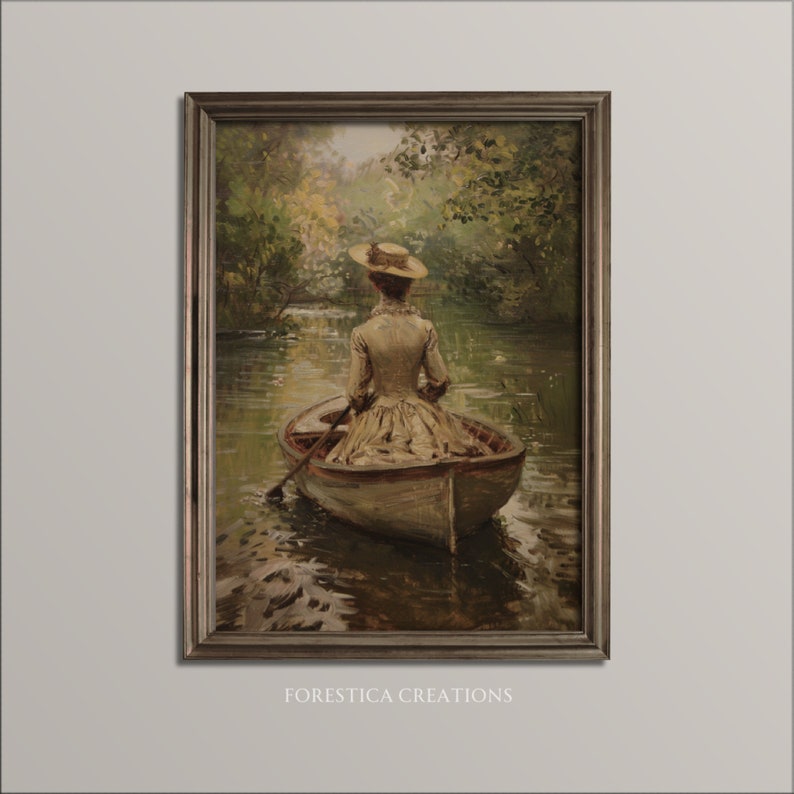 Vintage wall decor with a lady in a boat, featuring sage green tones, perfect for a romantic home decor aesthetic.