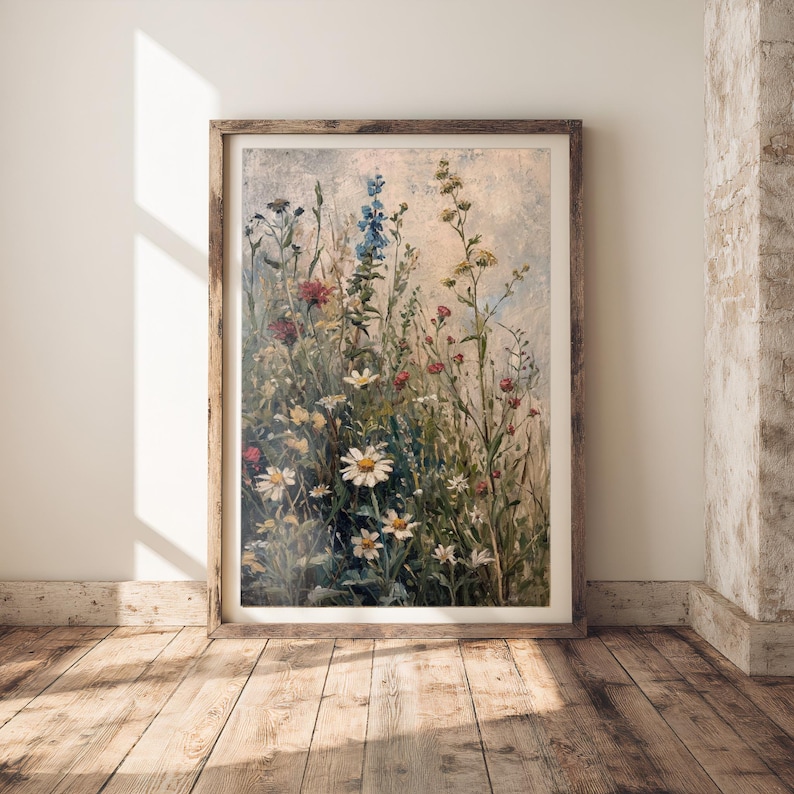 Rustic home decor oil painting capturing the wild, natural elegance of a flower meadow.