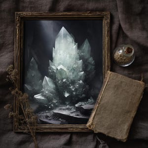 Witchy crystal cave print in rustic frame, styled with vintage book and dried flowers, moody cottagecore wall art.