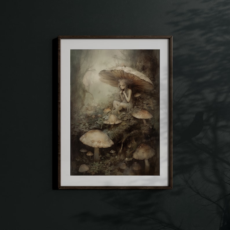 May include: A whimsical illustration of a fairy sitting under a large mushroom in a forest setting. The fairy is wearing a white dress and has long, flowing hair. The mushroom is brown and white with a large cap. There are other mushrooms in the background, some with white spots.