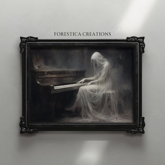 Ghost Pianist | Halloween Prints, Gothic Wall Art, Goth Decor, Dark Oil Painting, Dark Academia Prints, Spooky Horror Art, Macabre Wall Art