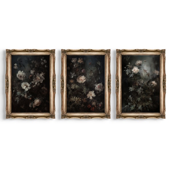 Set of 3 Dark Botanical Prints | Dark Academia Decor, Moody Victorian Art, Goth Cottagecore Wall Art, Whimsigoth Decor, Vintage Floral Art