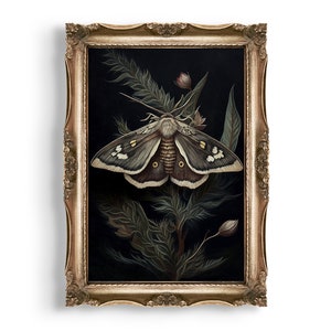 Botanical Moth | Dark Cottagecore Wall Art, Moody Floral Printable, Goblincore Decor, Fairycore Print, Dark Academia Oil Painting Aesthetic