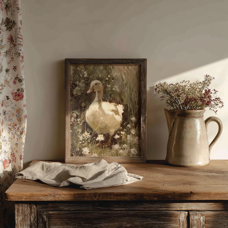A nostalgic goose painting with wildflower details, suited for rustic farmhouse decor and spring-themed wall art collections.