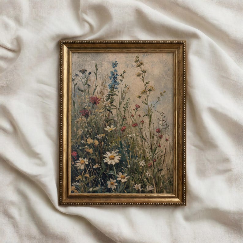 Framed vertical wildflowers wall art in a vintage-style frame,