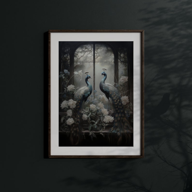 Love & Mystery: Invite the romance of two peacocks in love into your space with this piece of Victorian gothic art, a true masterpiece.