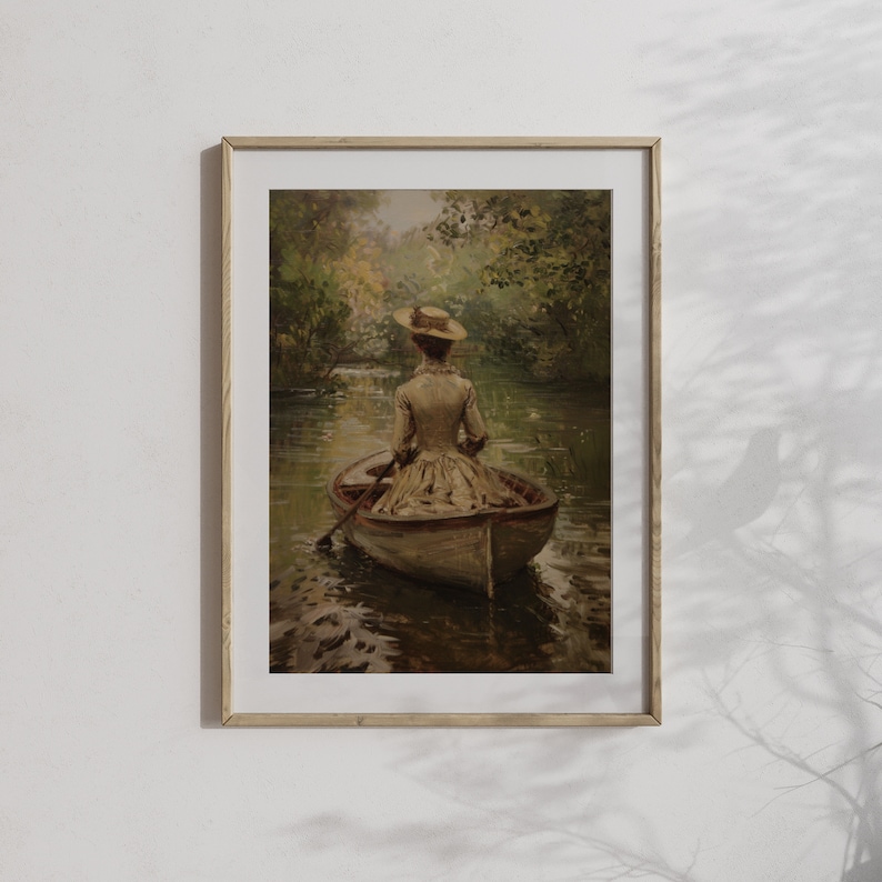 Cottagecore decor print of a lady in a boat, adding a light academia touch to any room.